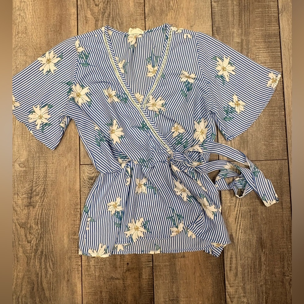 Sienna Sky Blue and White Striped Floral Wrap Top